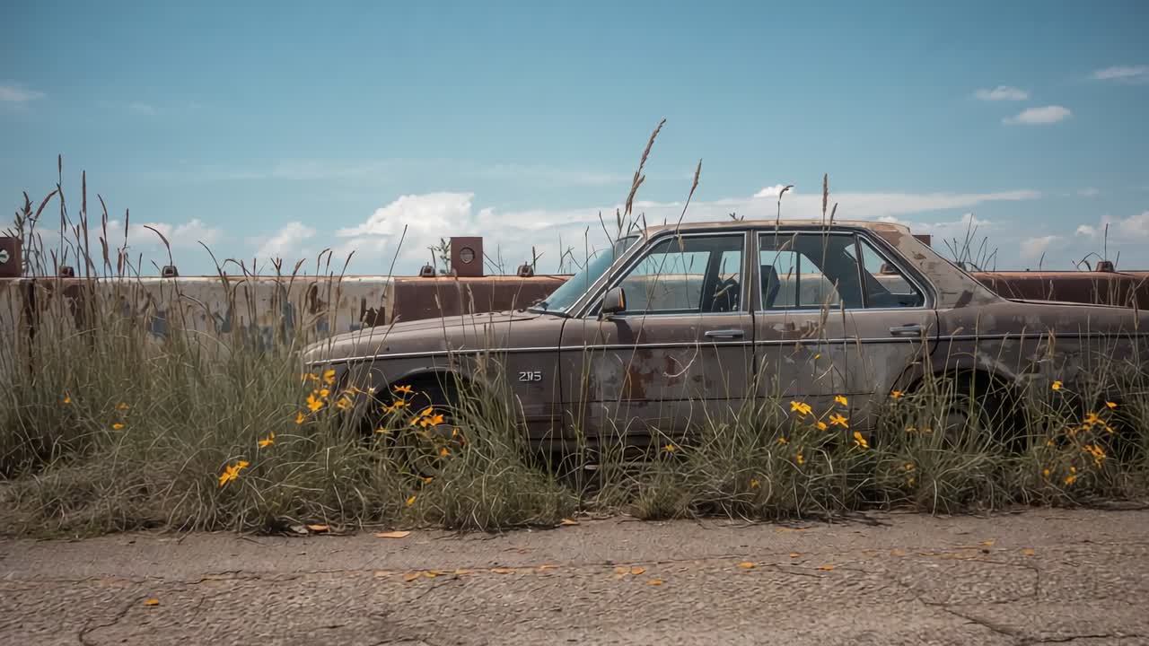 Camera panning revealing rusted 4-door sedan on cracked asphalt with grasses, yellow wildflowers