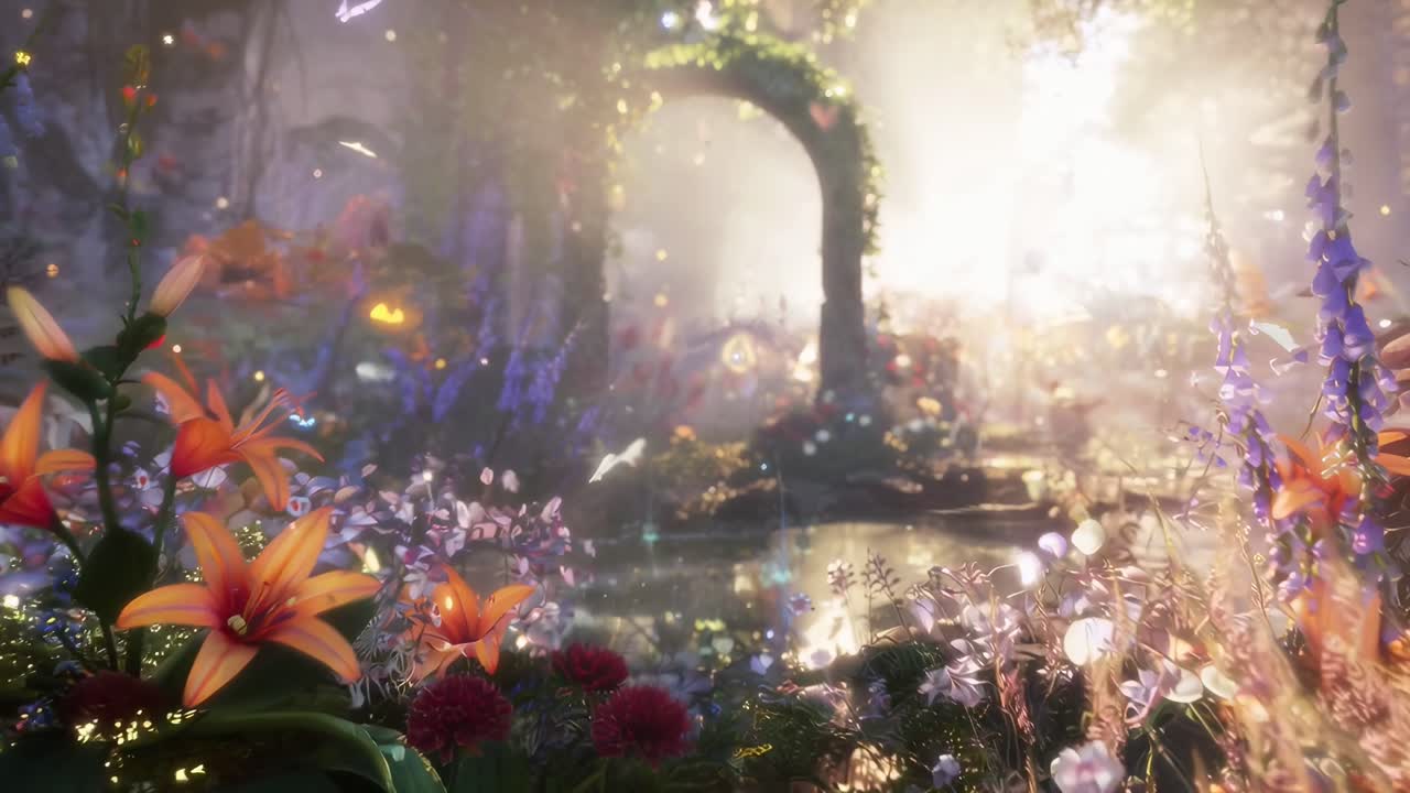 光る花と舞い飛ぶ蝶がいる鮮やかな魔法の庭園。