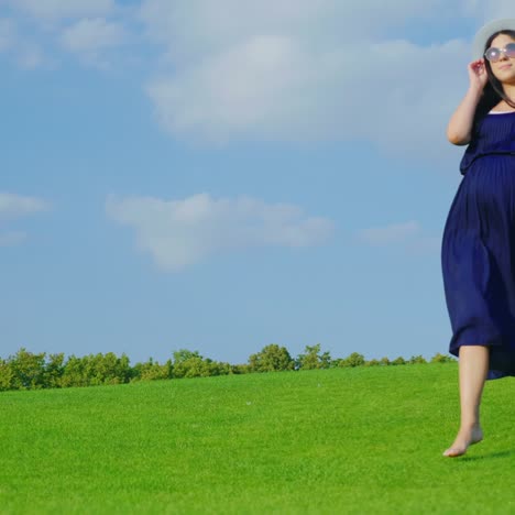 An-Elegant-Young-Pregnant-Woman-Is-Standing-On-A-Green-Meadow-Against-A-Blue-Sky-Background