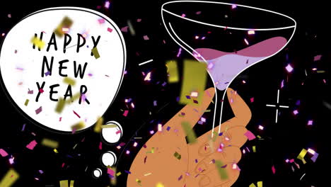 animación de feliz año nuevo texto y confeti de oro cayendo sobre vaso de champán