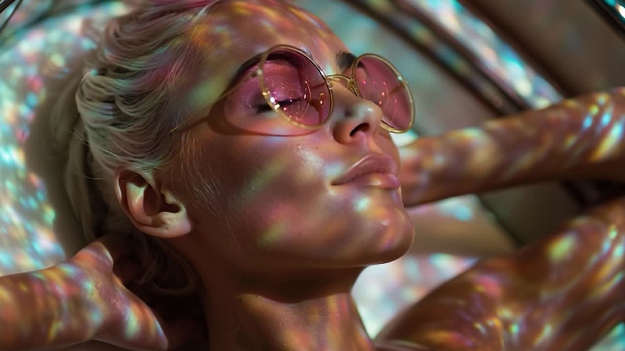 Portrait of a woman with sunglasses reflecting colors in sunlight