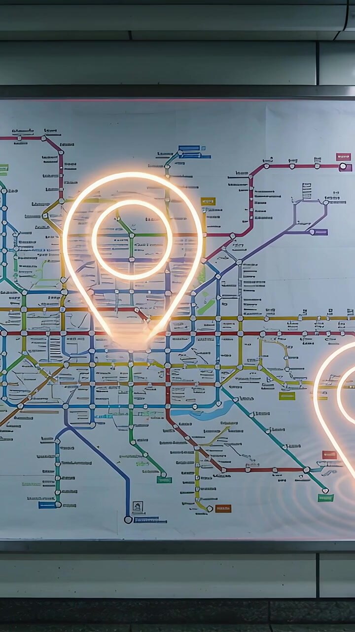 Vertical video: Panning camera moving neon pin across metro map, creating rippling reflective rings
