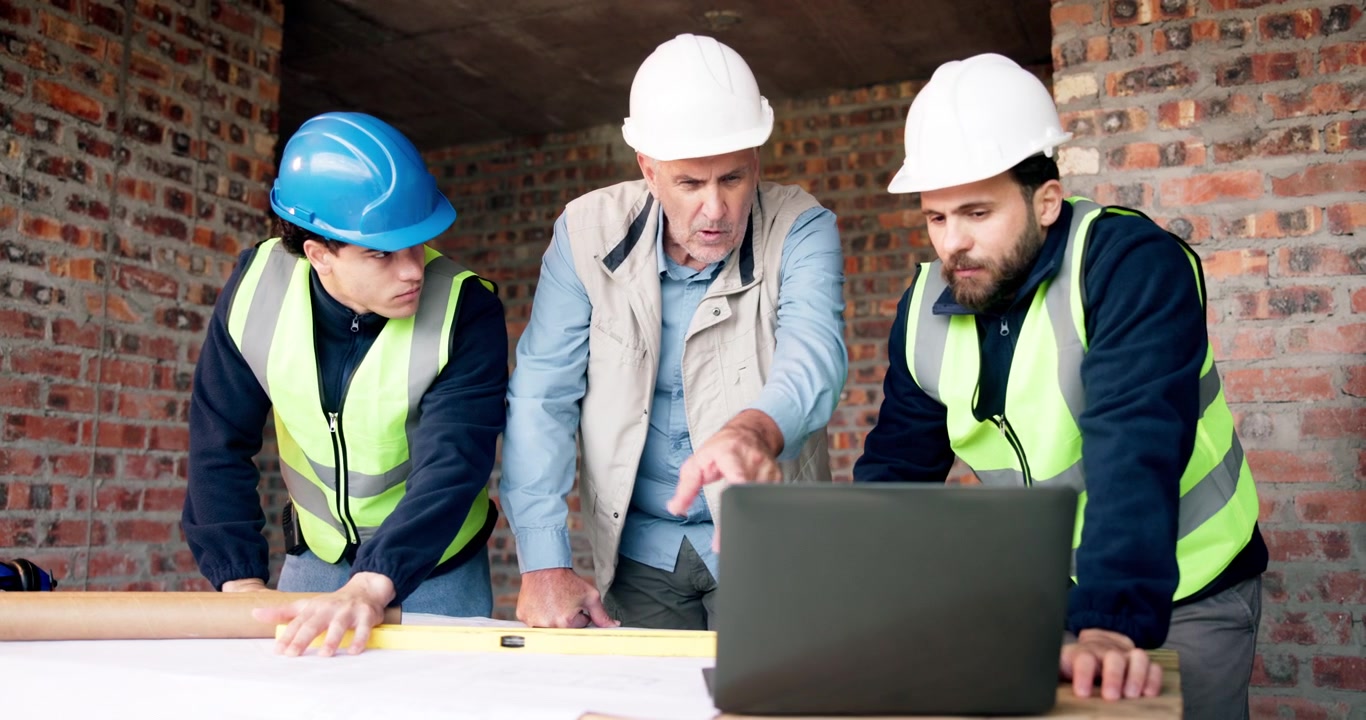 Construction Team Reviewing Blueprints and Laptop at Building Site