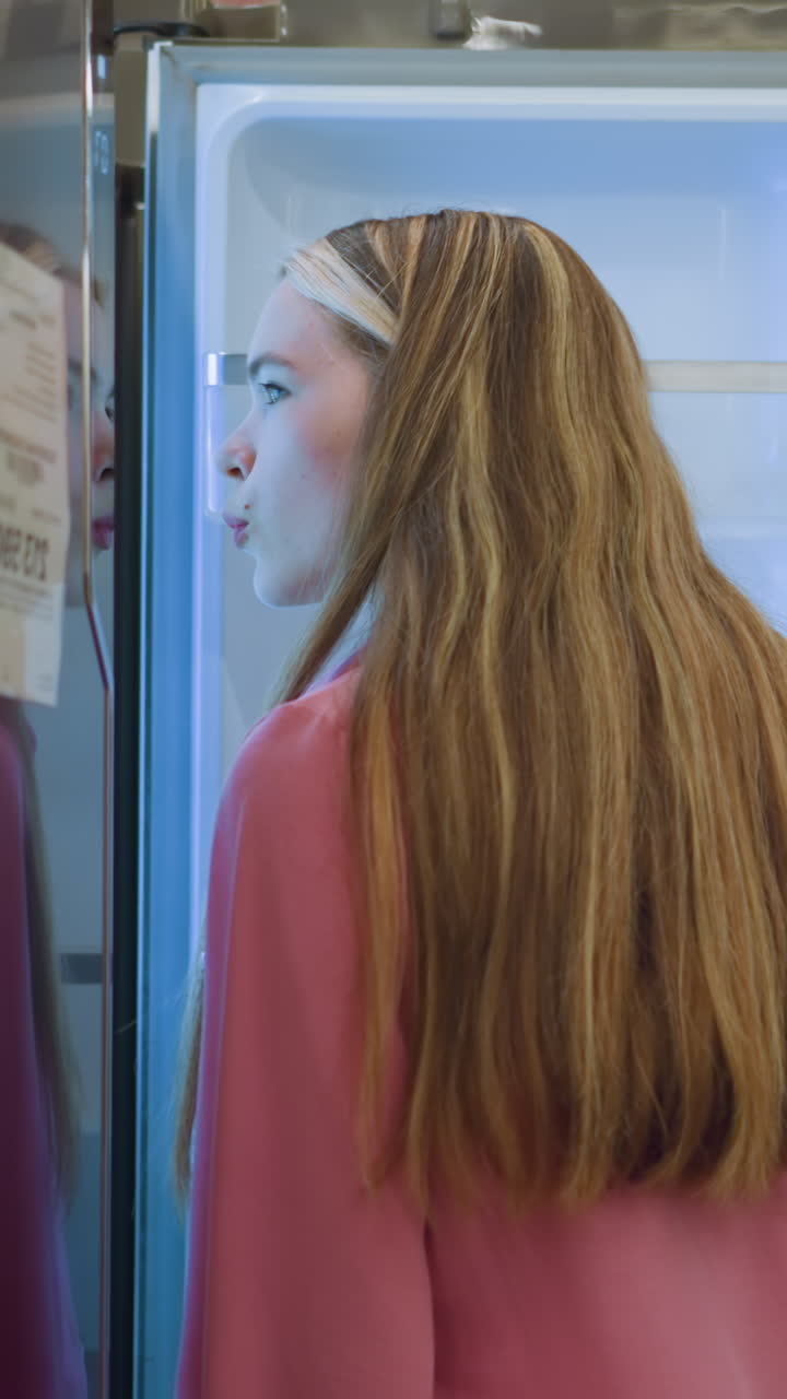 한 여인이 밝게 조명된 가게에서 반이는 냉장고를 열고, 조명된 내부를 조심스럽게 점검합니다. 냉장기 빛은 끔하고 현대적인 디자인을 향상시니다.