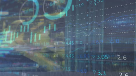 datos financieros y gráficos generados digitalmente en un paisaje urbano.