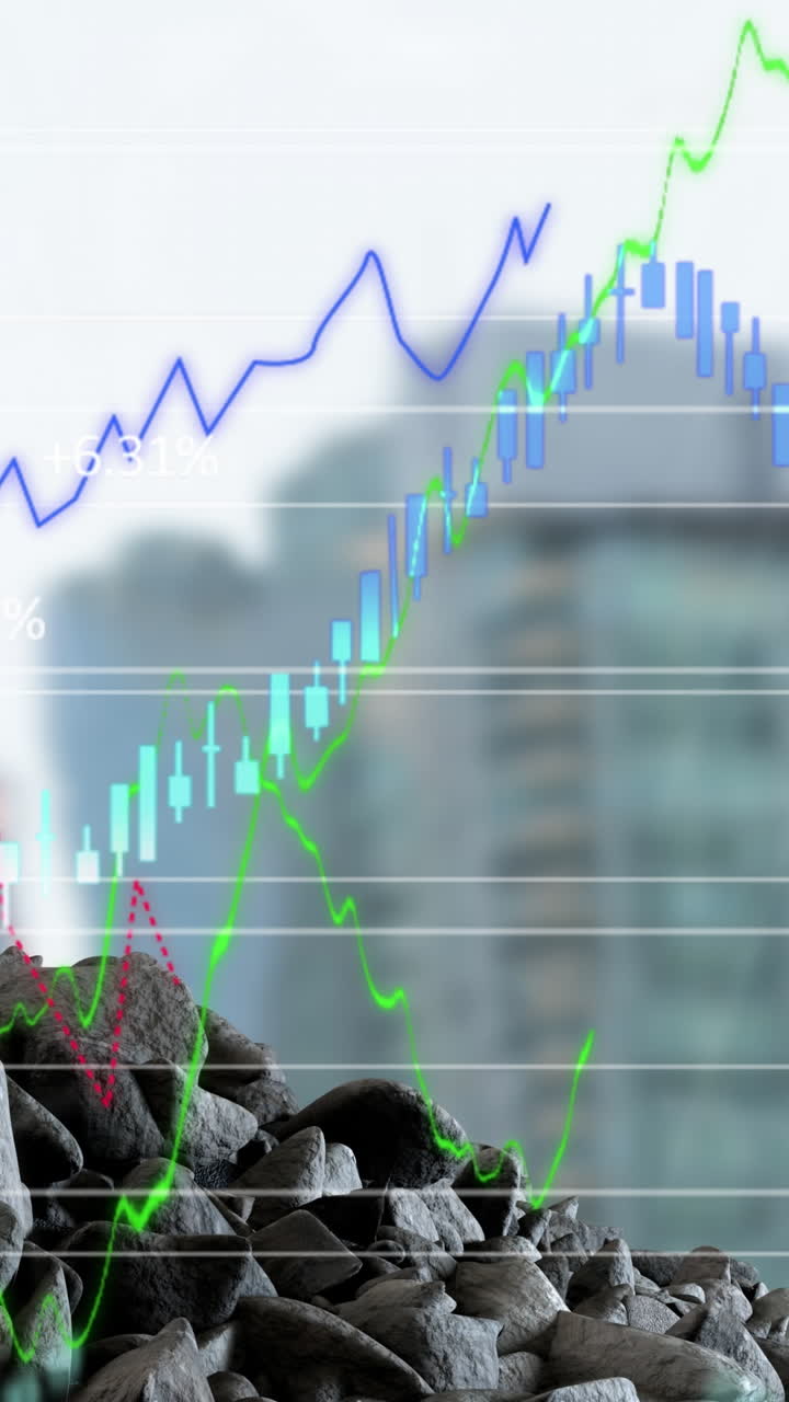 animación del procesamiento de datos financieros sobre el paisaje urbano
