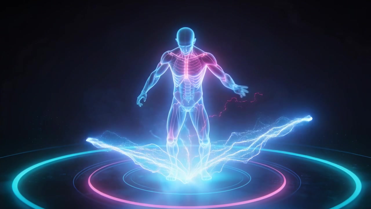 Powering anatomy hologram shifting and turning on void stage, platform lotus bloom showing joints
