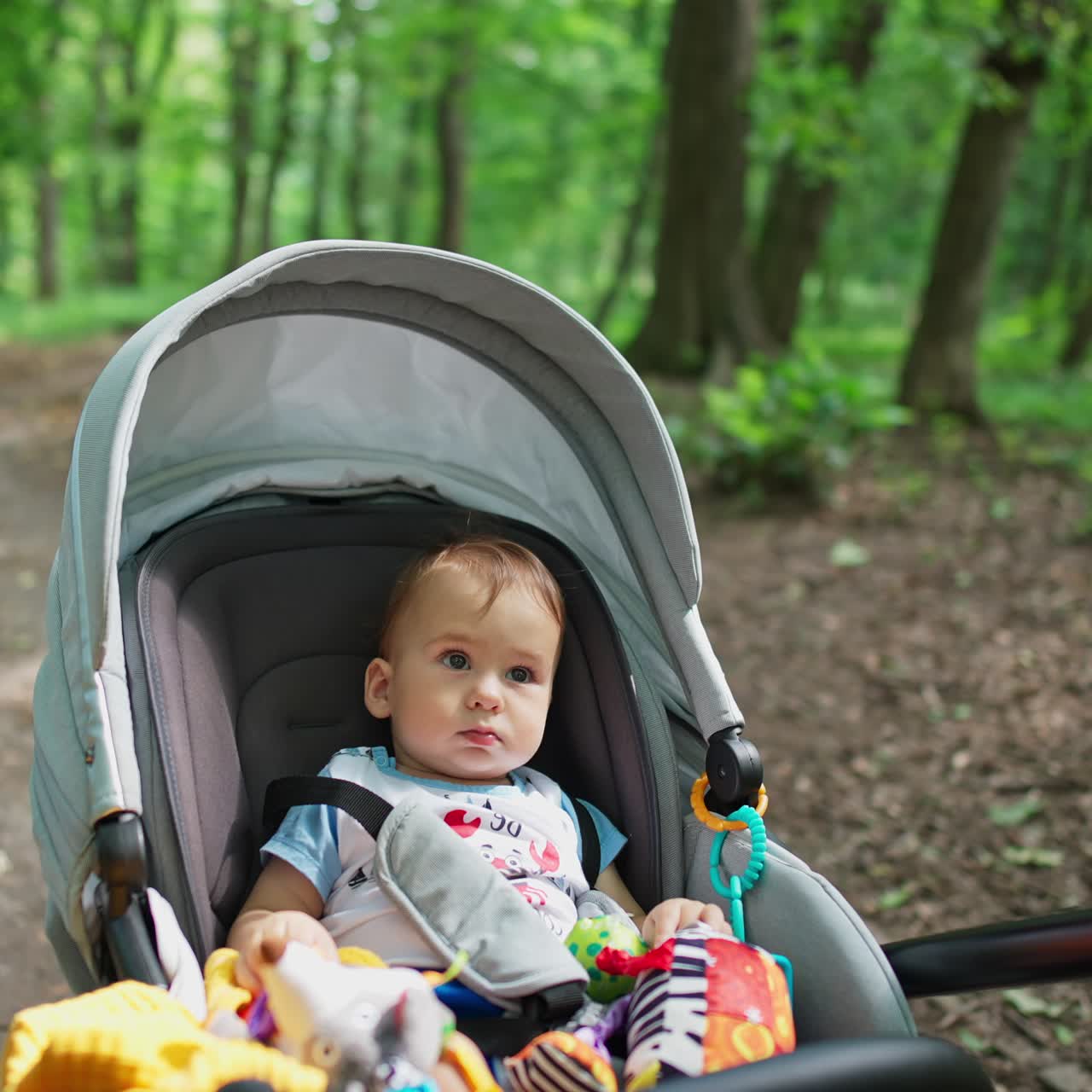 Cute Caucasian baby boy lying peacefully in the pram. Parent taking a child for a walk in the park. Nature backdrop