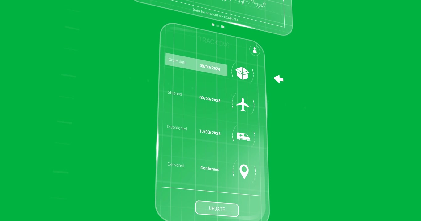 Animation of customer account, order, delivery and status data screens on transparent background