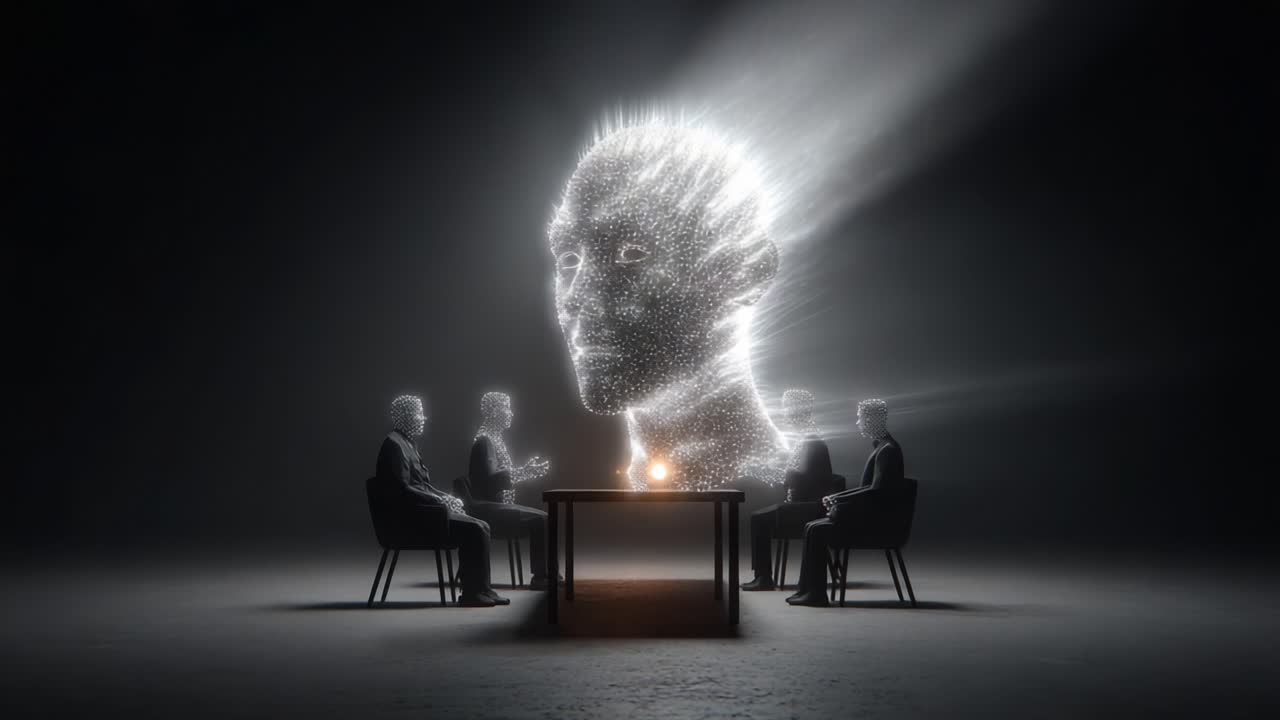 A Thoughtful Exchange: Imagining the Connection Between Mind and Matter in a Surreal Gathering of Ethereal Figures Around a Table