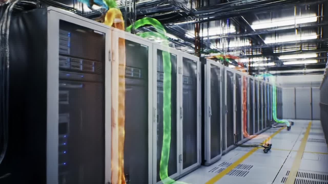 A High-Tech Data Center Featuring Advanced Server Racks with Colorful Data Transmission Lights Representing Flowing Information and Connectivity in Modern Computing Environments