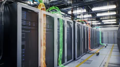 a high-tech data center featuring advanced server racks with colorful data transmission lights representing flowing information and connectivity in modern computing environments