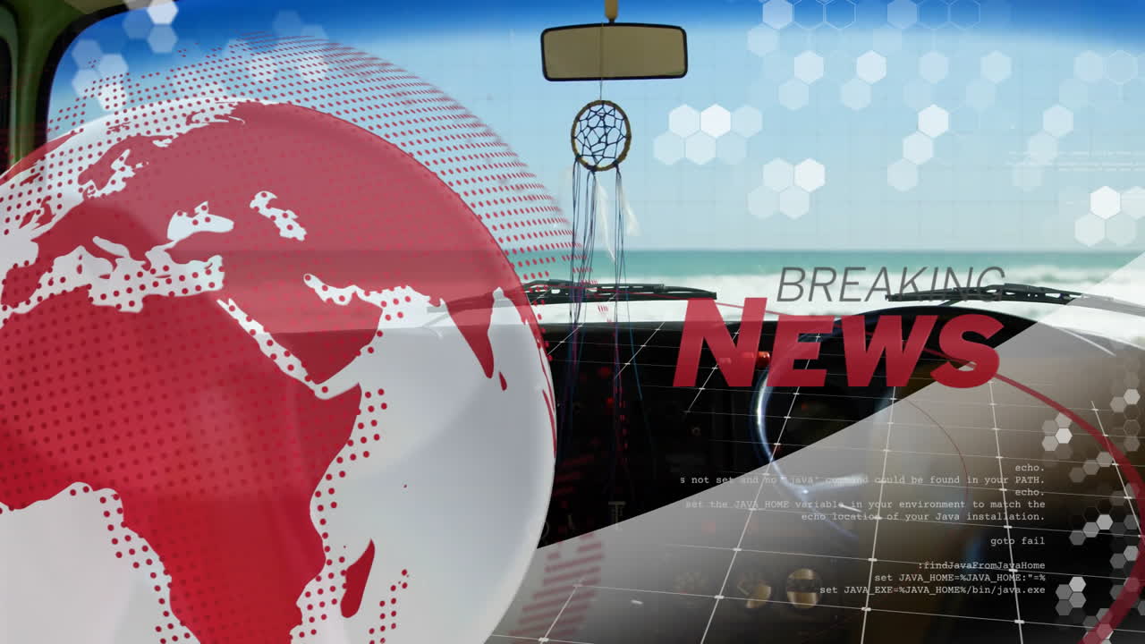 Breaking news animation over car dashboard with dreamcatcher and ocean view