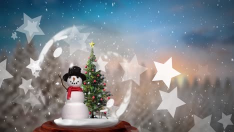 Animation-of-snow-and-stars-over-snow-globe-with-christmas-tree-and-snowman