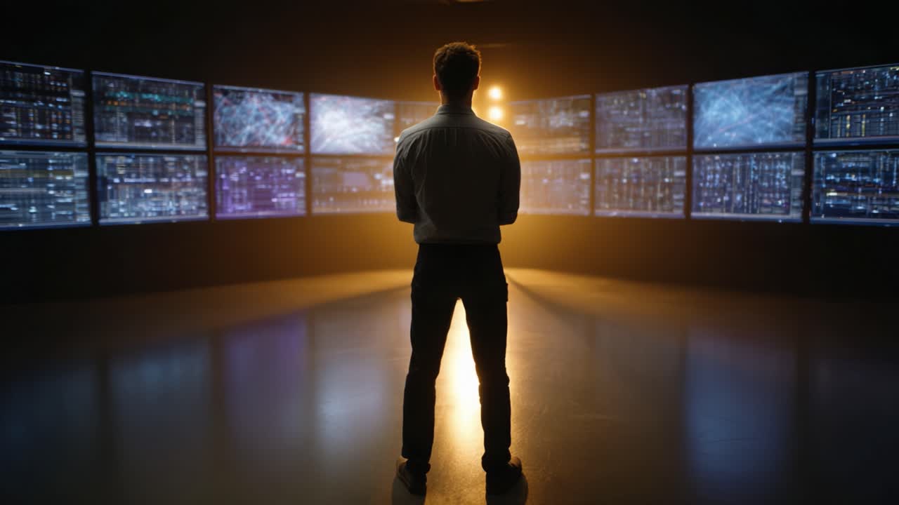 Analisi delle tendenze dei dati: un professionista in piedi davanti a diversi monitor che mostrano immagini dinamiche e informazioni in un ambiente scarsamente illuminato