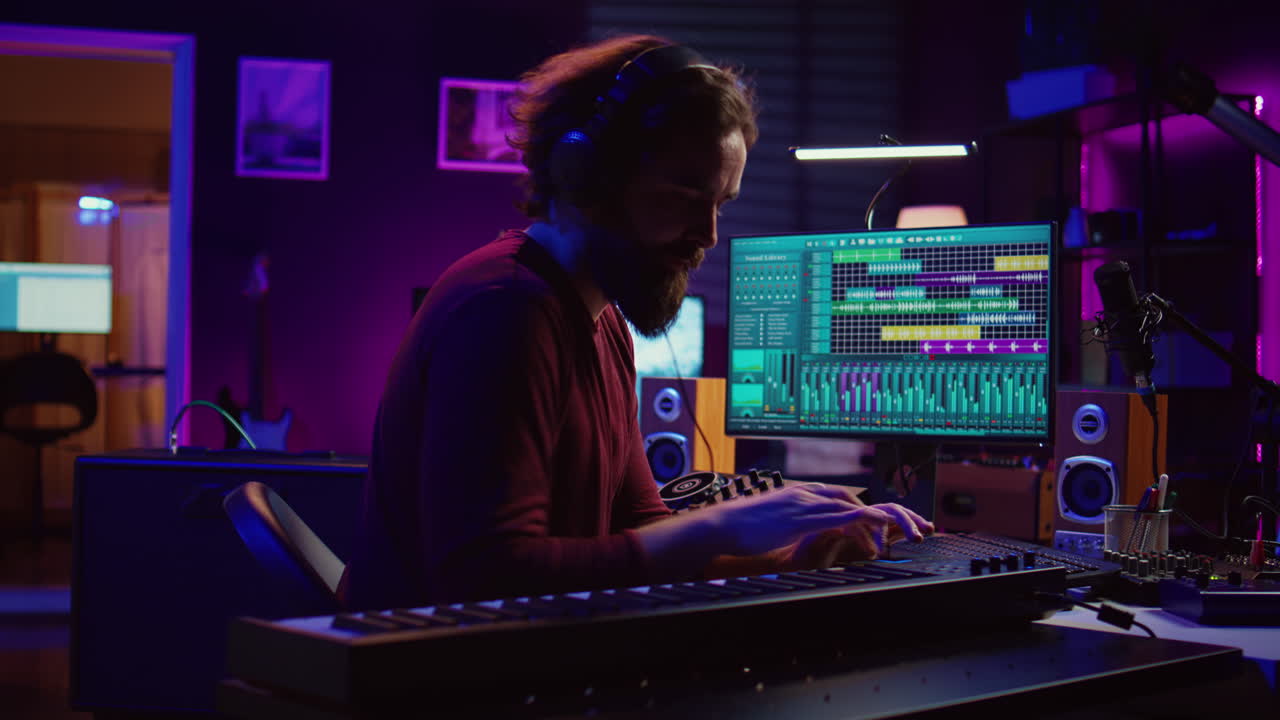 músico tocando el teclado del piano y grabando para mezclar y dominar el audio