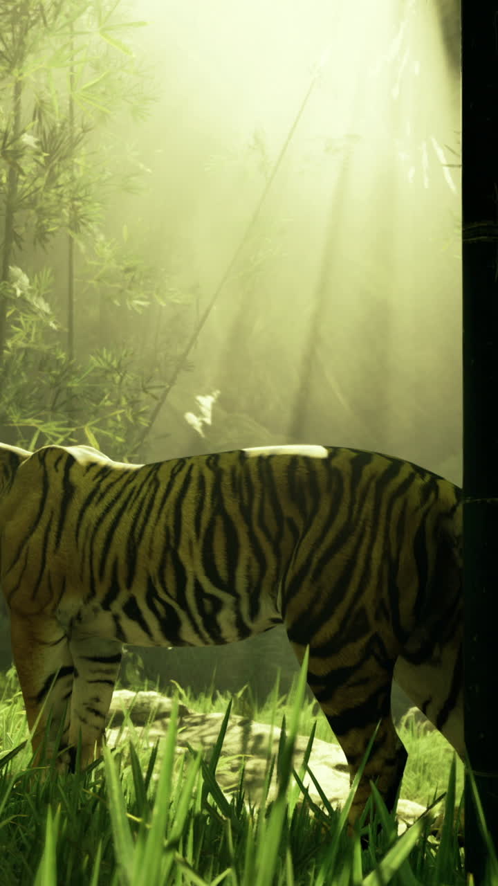 Tiger walks through a lush green forest with sunlight filtering through trees