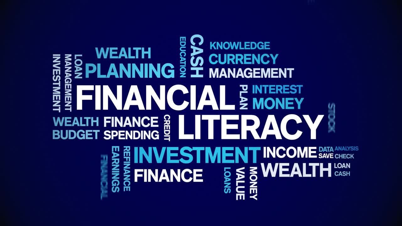 4k Financial Literacy Animated Tag Word Cloud,Text Animation seamless loop.