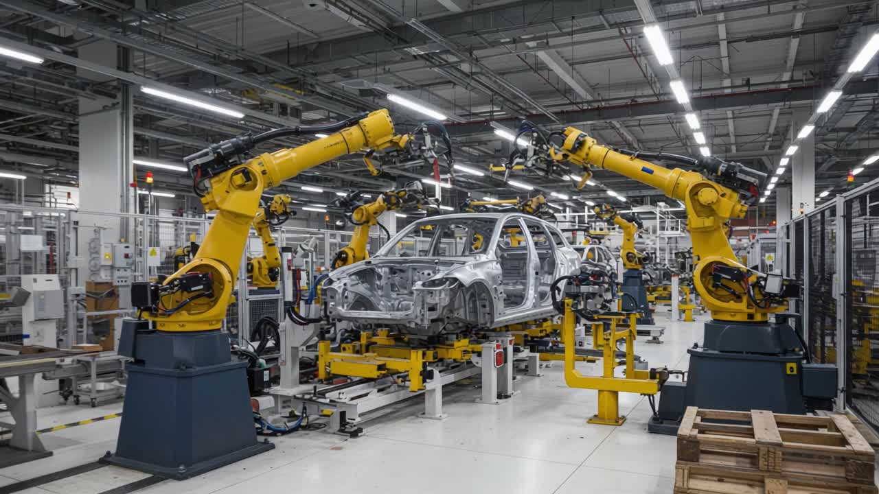 A Contemporary Automotive Manufacturing Facility Showcasing Advanced Robotic Arms Engaged in Efficient Vehicle Assembly Process Under Bright Industrial Lighting