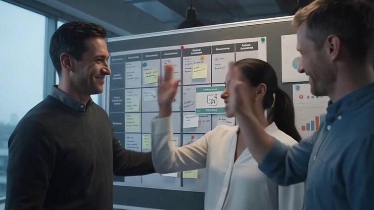 Business Team Collaborating and Celebrating Success in Modern Office