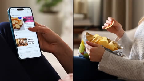Woman Using a Smartphone for Weight Loss Information While Eating Chips
