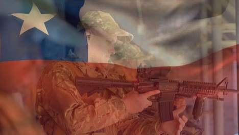 Animación-De-La-Bandera-De-Chile-Sobre-Diversos-Soldados-Varones-Con-Armas