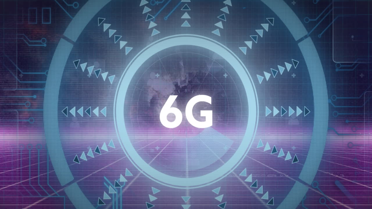 보라색 그리드 네트워크를 통해 회전하는 지구를 상대로 둥근 스캐너를 통해 6g 텍스트의 애니메이션