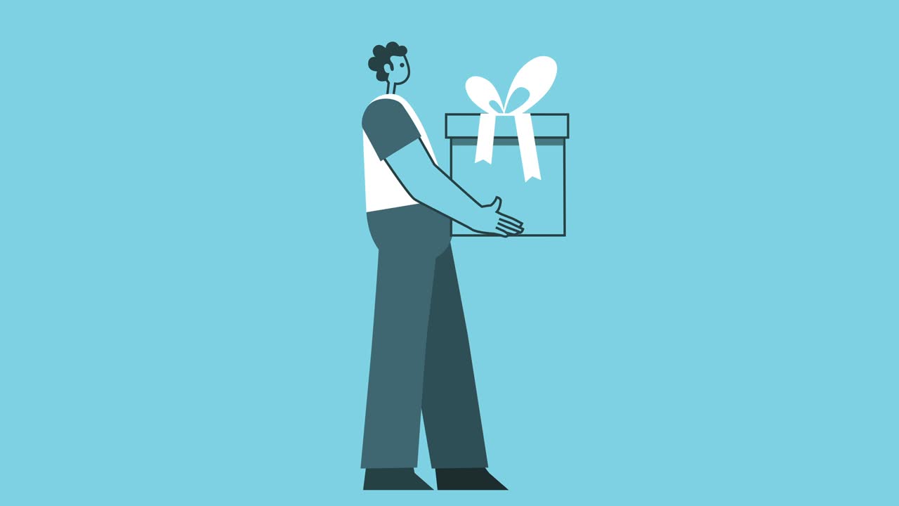 그래픽 디자인 대담한 남자 캐릭터 기 사이클과 선물 상자 고립 루프 2d 애니메이션