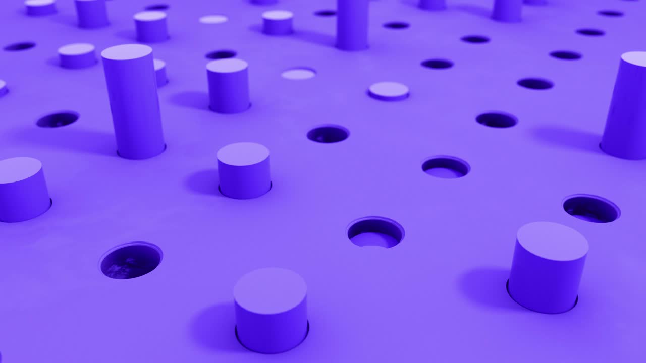 3d formas de cilindro volando agujeros de introducción en colores púrpura pastel. 4k animación de renderización de bucle sin costuras.