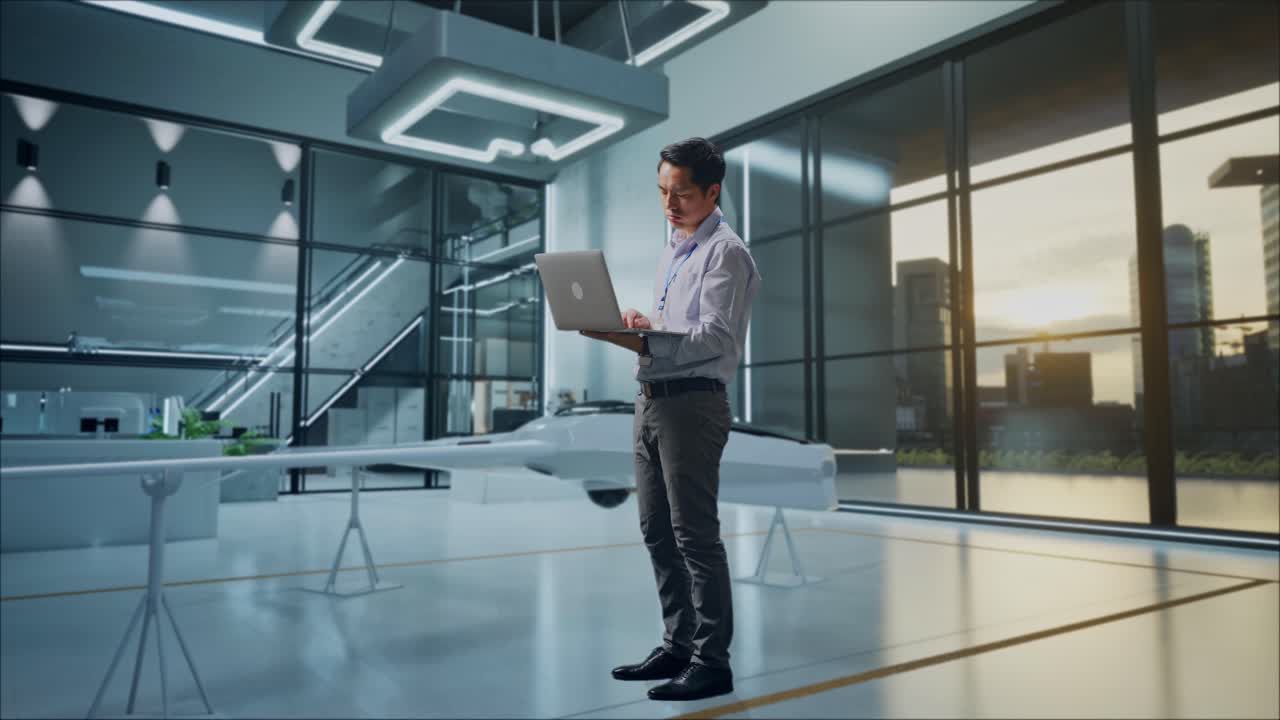 vista lateral completa del cuerpo de un trabajador profesional masculino asiático de pie con su computadora portátil con proyecto de drones, instalación industrial de alta tecnología, escribiendo y decepcionado con asintiendo con la cabeza