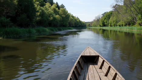 wooden boat on a serene river in a lush forest