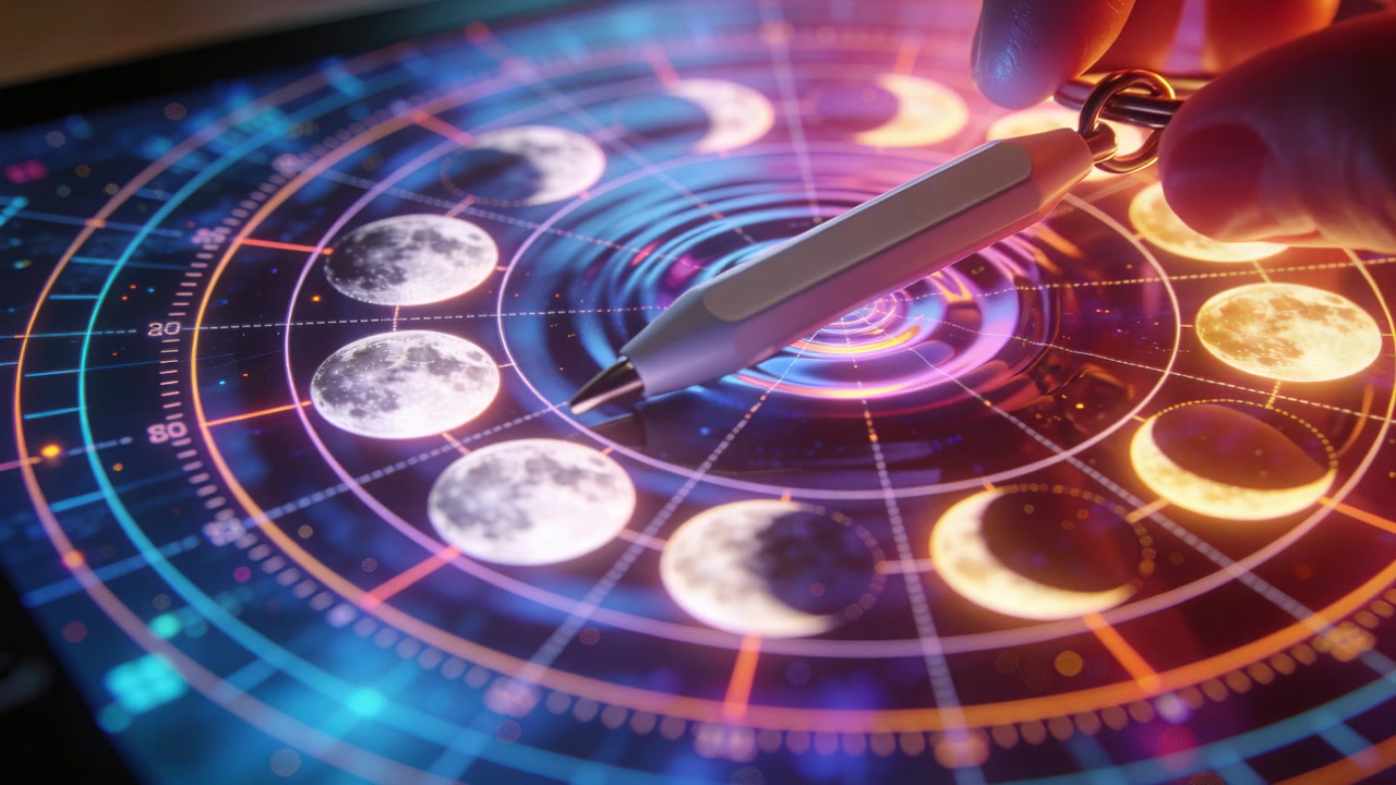 Hovering metallic stylus with keyring touching center of lunar tablet at desk, activating interface