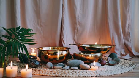 peaceful meditation space with sound bowls and candles
