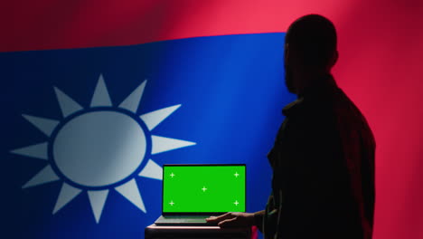 taiwan liberation insurgent using radar on green screen laptop