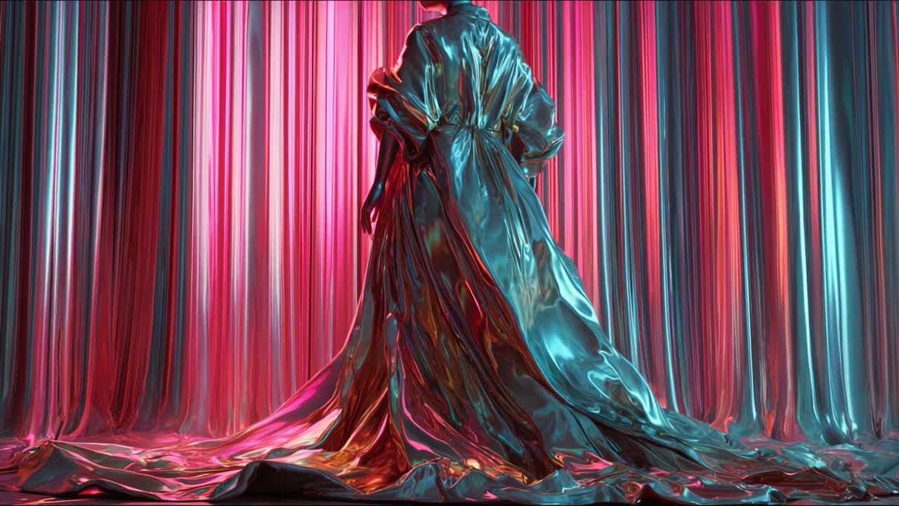 A mesmerizing blend of colors and textures in this artistic scene, featuring flowing fabric that cascades gracefully against a backdrop of vibrant hues, inviting admiration and curiosity