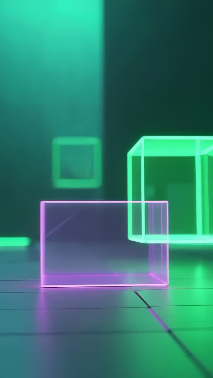 Vertical video: Entering green wireframe cube drifting to align beside pink prism on glossy floor