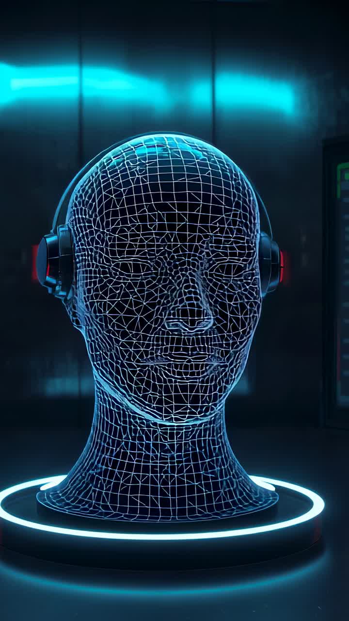 Vertical video: Wireframe head pulsing cyan gridlines in lab with headphones, monitor flashing code