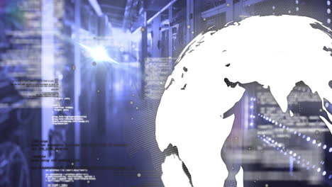 animation of digital globe with code overlay in server room environment
