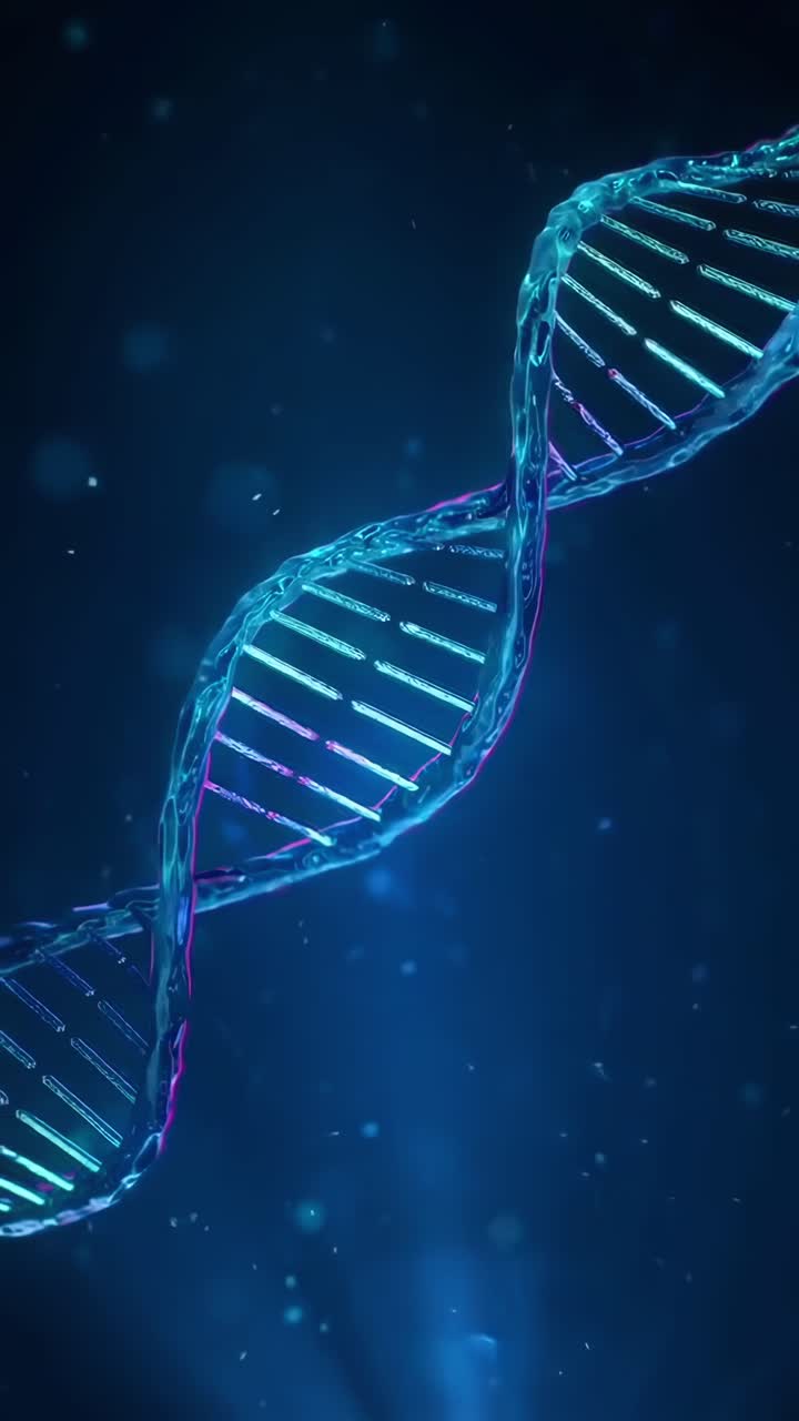 Video ravvicinato di una doppia elica di DNA luminosa, ripreso da un'angolazione bassa, con uno stile futuristico