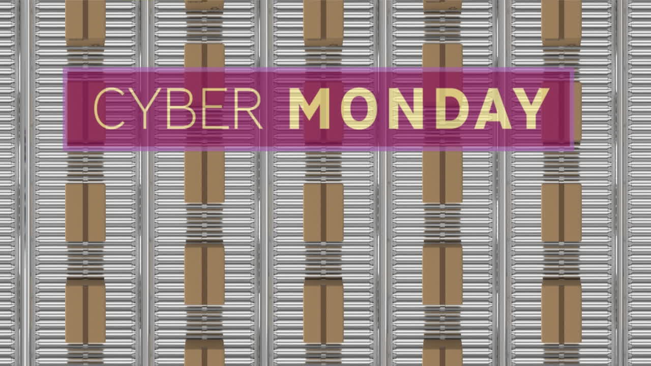 컨베이어 벨트에 있는 카드보드 상자 위에 있는 사이버 월요일 텍스트의 애니메이션