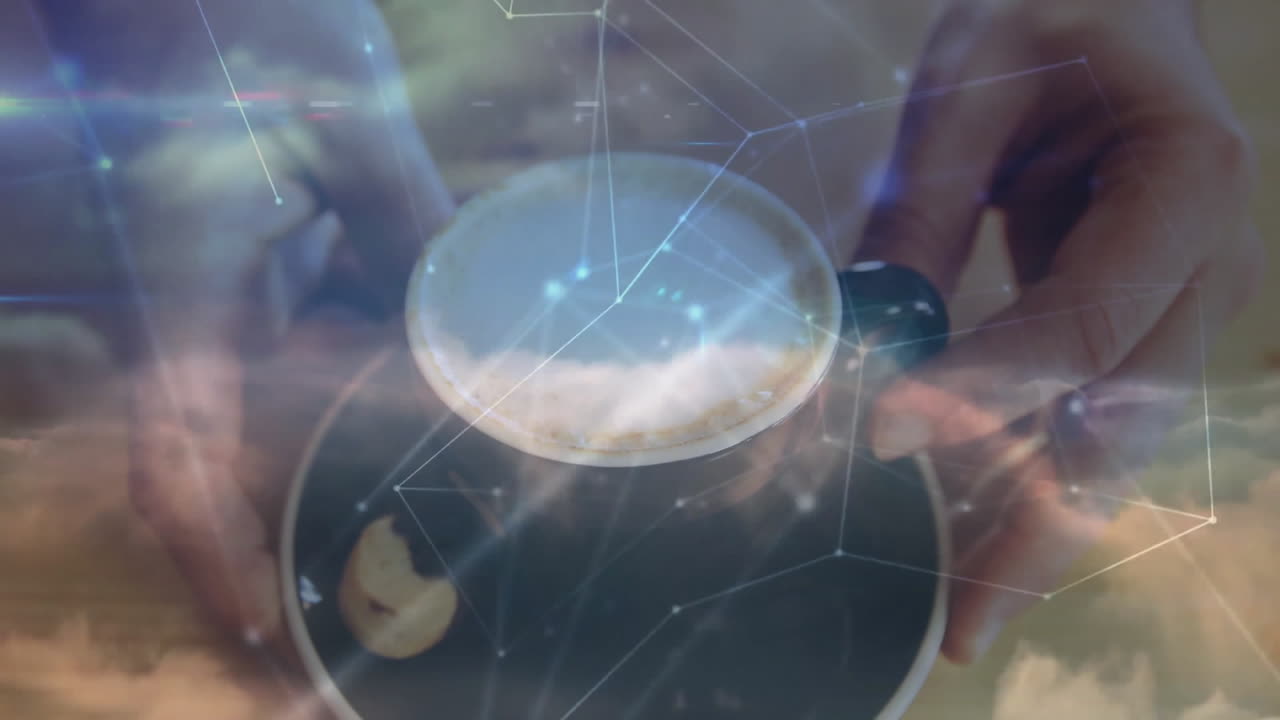 Coffee cup and cookie floating in double-exposure design, showing digital network and clouds