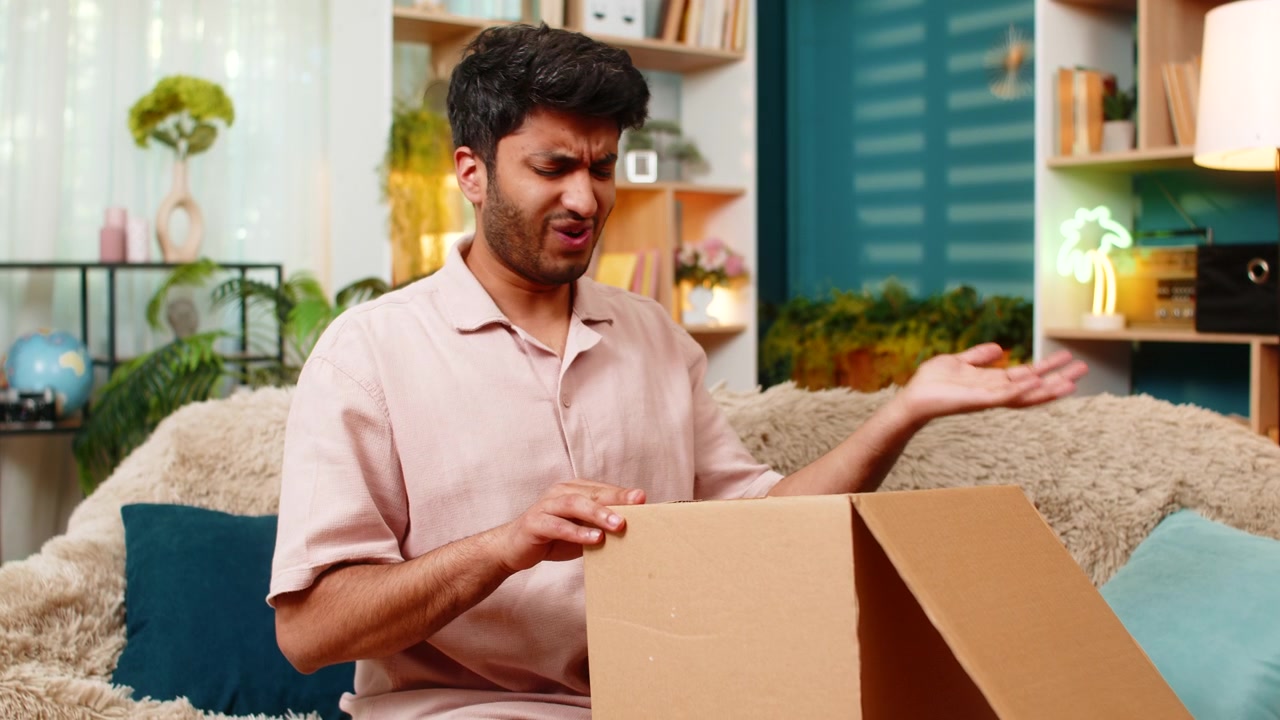 Indian man on home sofa opening parcel finding wrong product with upset face during online shopping