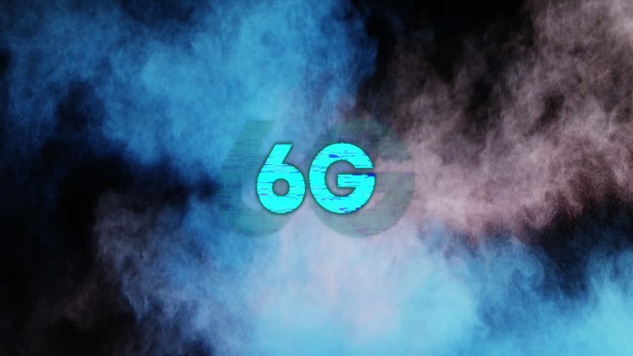animación de texto de 6g en azul sobre polvo colorido que se lanza en el fondo