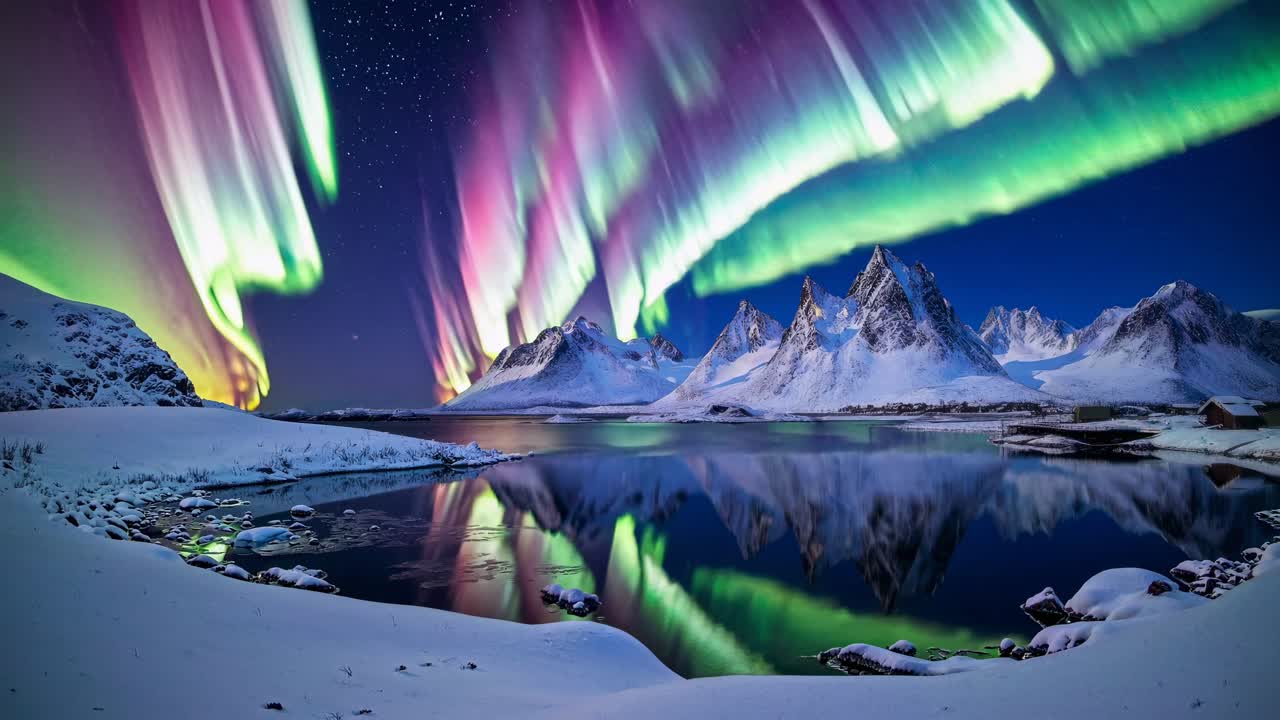 Stunning wide-angle video capture of vibrant auroras over snowy mountains, reflecting in a tranquil