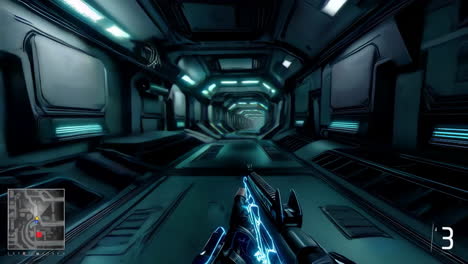 first-person view in futuristic corridor