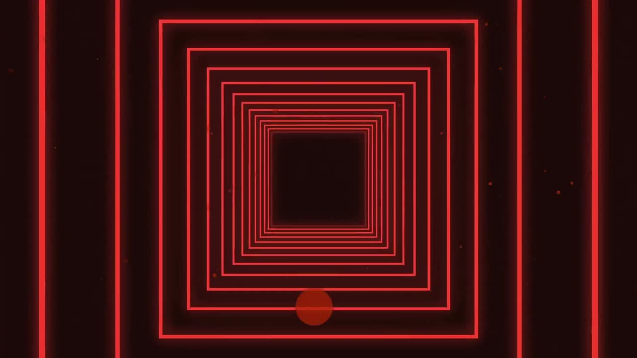 검은 바탕에 떠다니는 분홍색 점에 맞춰 원활하게 움직이는 사각형 모양의 디지털 애니메이션