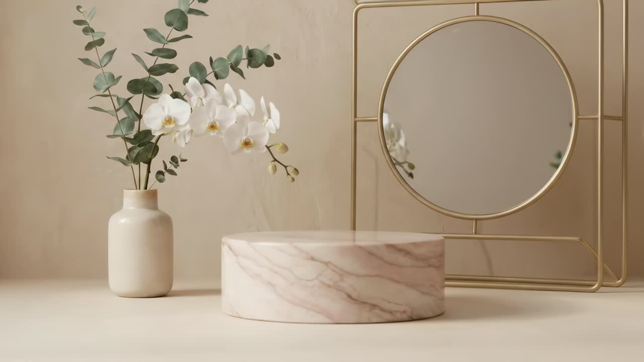 Elegante podio per prodotti in marmo con orchidee e decorazione a specchio