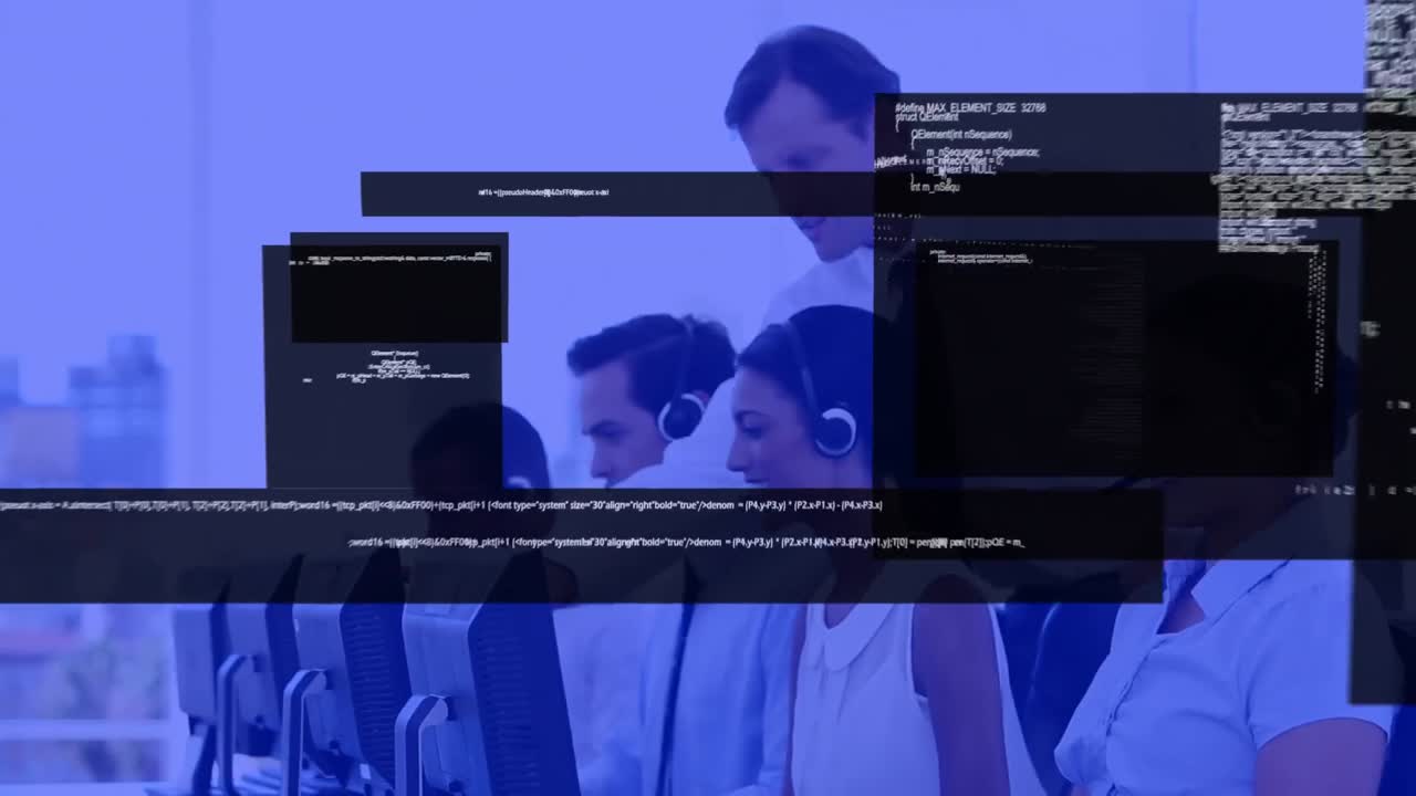 animation der finanzdatenverarbeitung über geschäftsleute, die headsets tragen
