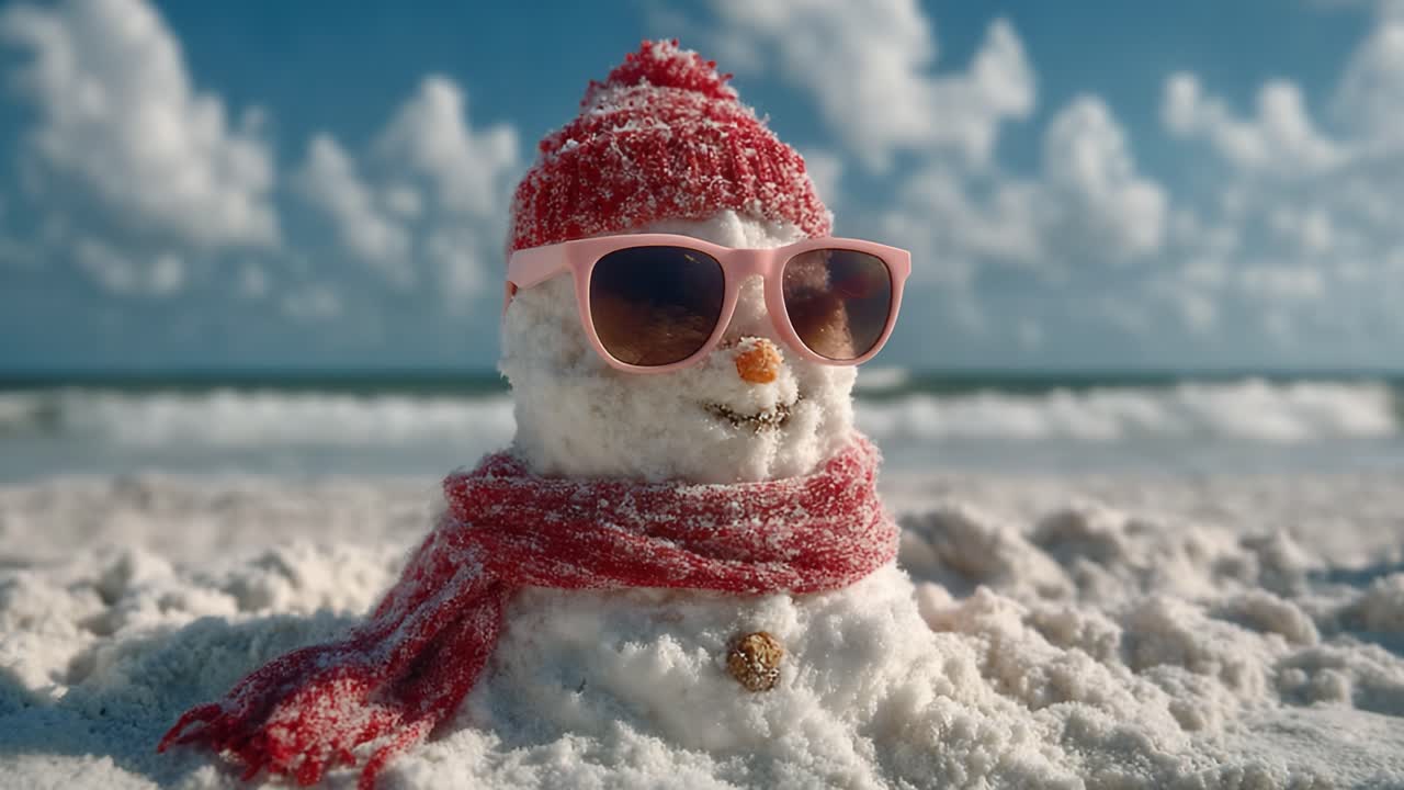A Charming Snowman Wearing Sunglasses and a Knit Hat Enjoying a Beautiful Coastal Day, Surrounded by Soft Sand and Gentle Waves Under a Bright Blue Sky