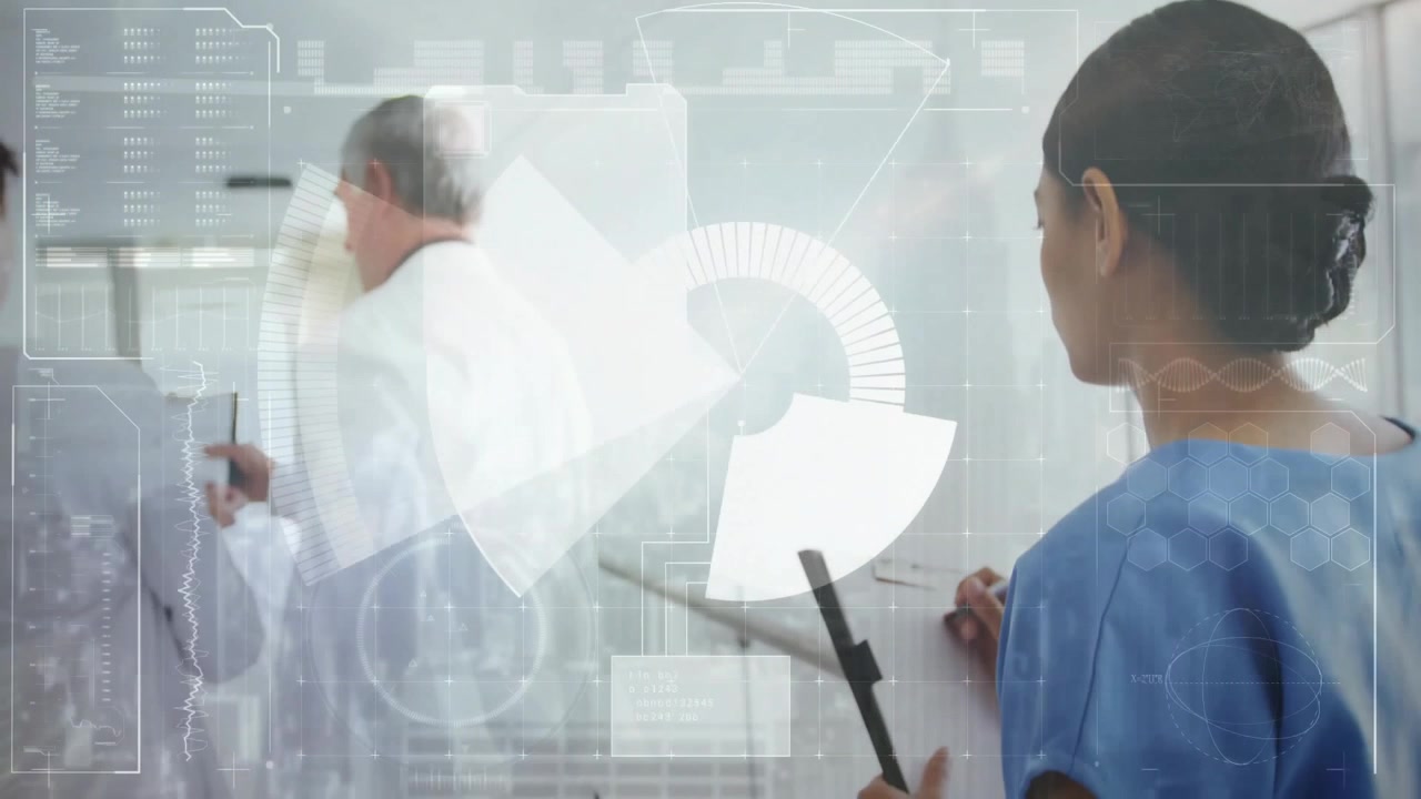 Medical team walking hospital corridor, displaying animated DNA helix and data charts